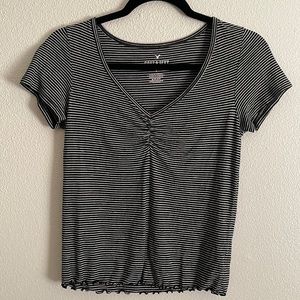 ruched with lettuce trim black and white striped top